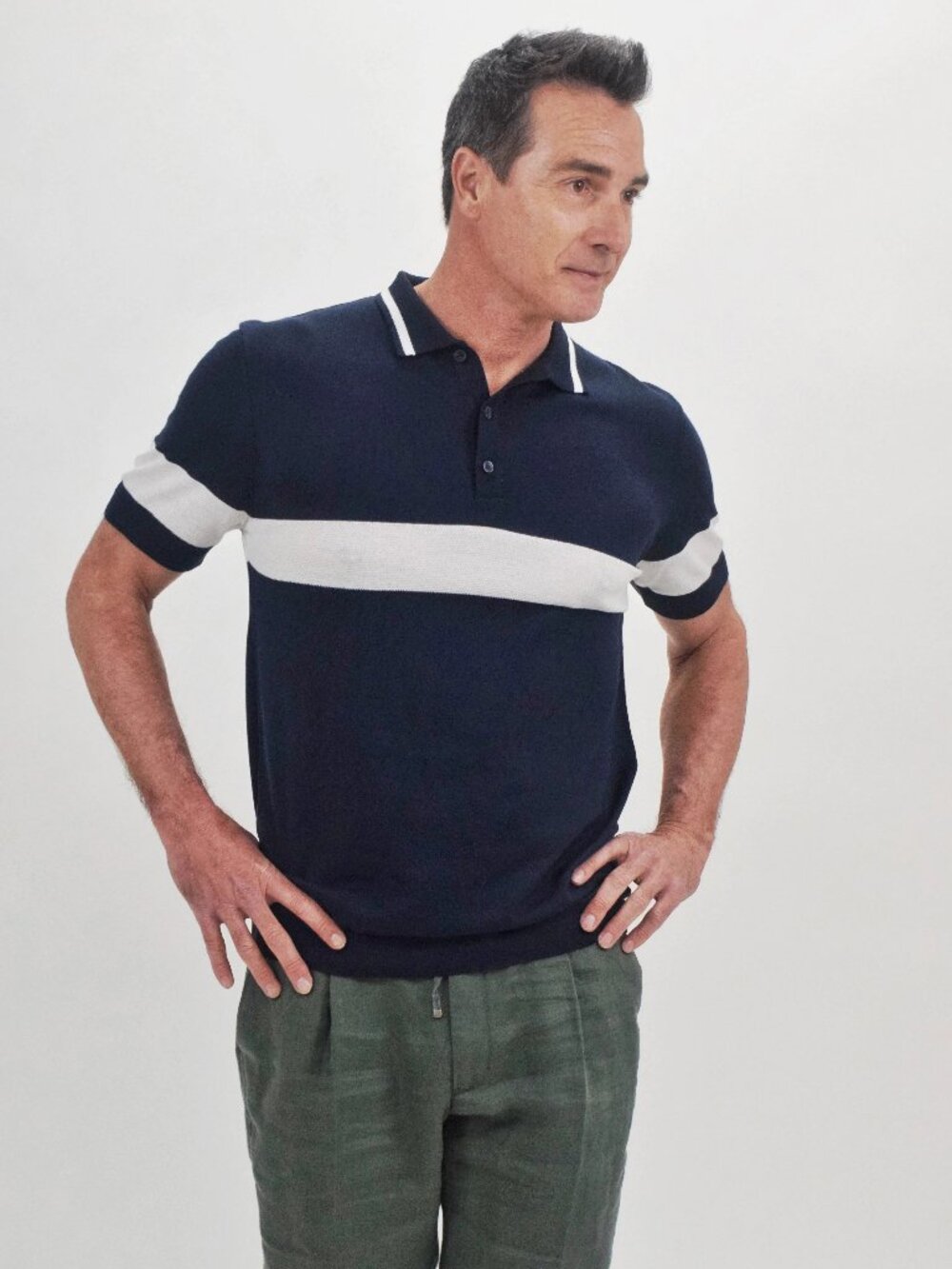 Suit Sartoria Navy With White Stripe Button Up Knit Short Sleeve Polo/0900